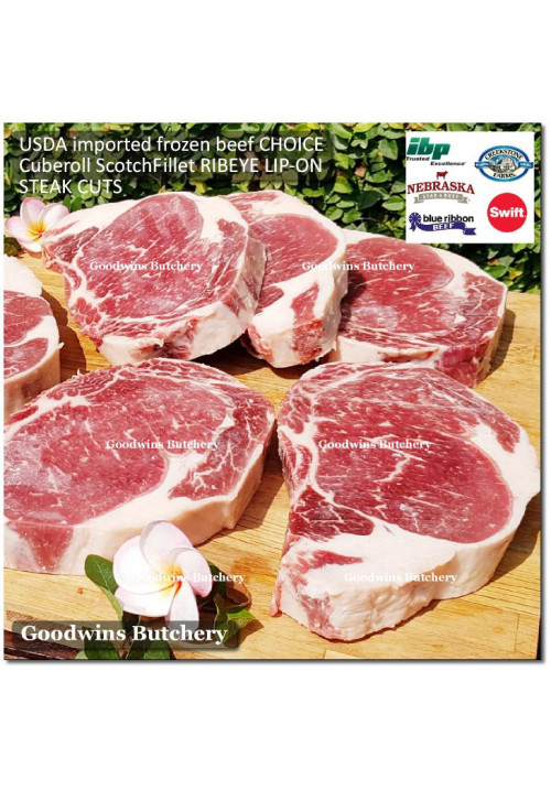 Beef Cuberoll Scotch-Fillet RIBEYE lip-on US USDA CHOICE frozen steak 2, 1, 3/4 & 3/8" (price/kg) brand Swift / BlueRibbon / CreekStone